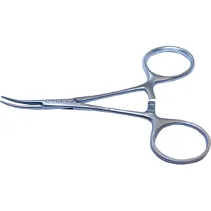 Hemostatic Forceps, Halsted Mosquito Forceps Curved, 22mm serrated jaws. Overall length: 99mm.